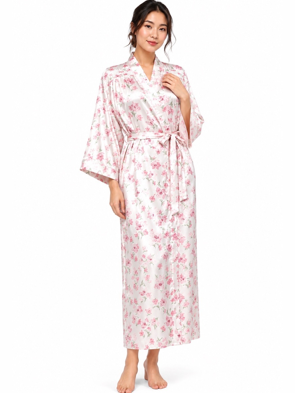 Vintage Barbizon Pink Floral Kimono Robe M Smocked Lace Trim USA belted romantic
